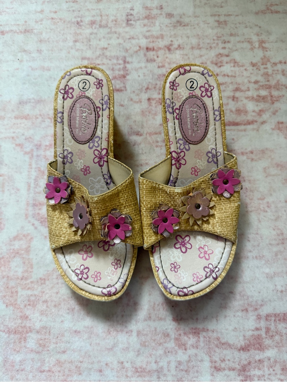 Vintage Kids Floral Slide Sandals in Gold and Pink